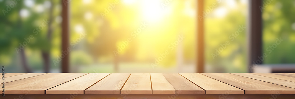 Poster a wood table top with blurred sunlight coming through a glass window is used as a background for pro