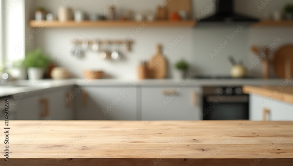 Poster A wood table top with blurred kitchen counter in the background is suitable for a product display or key visual layout._00003_
