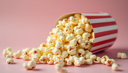 Spilled red striped popcorn box on a pastel pink background, creating a playful scene for National Popcorn Day, filled with vibrant and inviting tones.