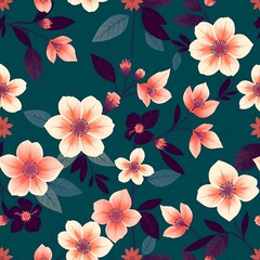 Floral Tapestry: A mesmerizing pattern of delicate pink and white blossoms nestled amidst lush teal foliage, creating a vibrant and captivating design. perfect for textile, wallpaper.
