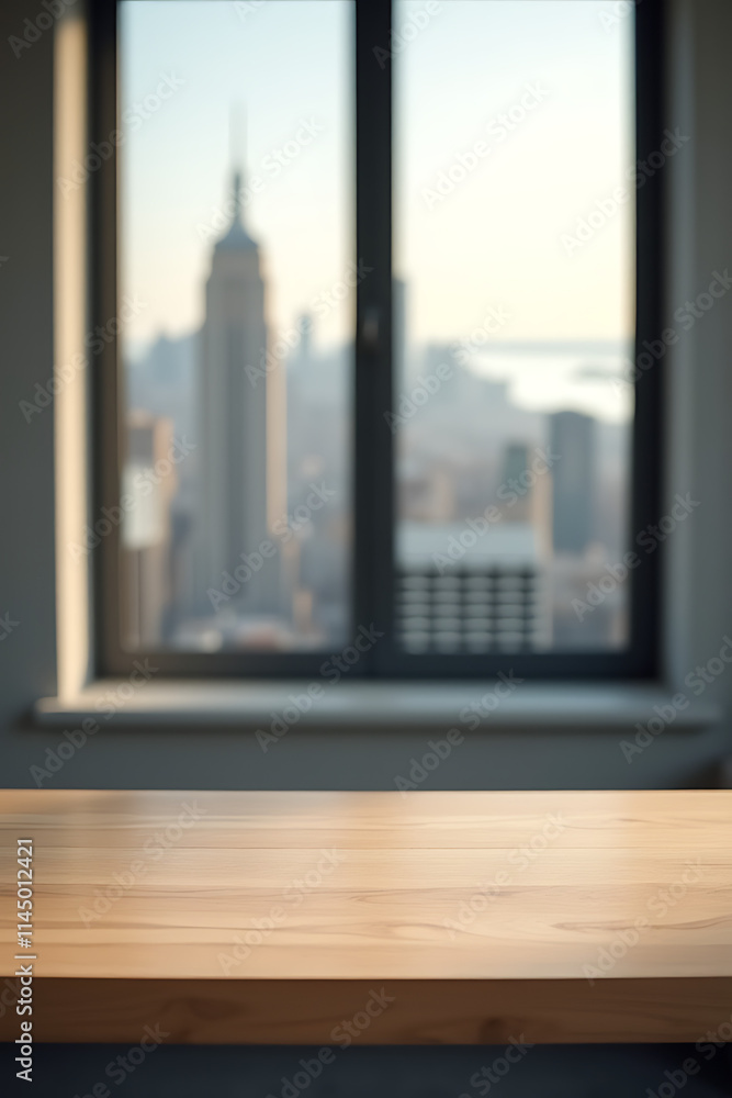Poster a wood table top sits in front of a blurred cityscape view through a window on a wall background._00
