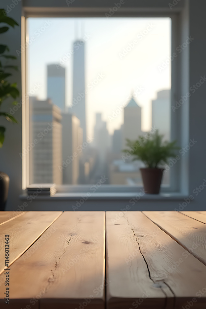 Poster a wood table top sits in front of a blurred cityscape view through a window on a wall background._00