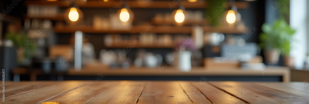 Poster a wood table top sits atop a blurred counter in a cafe shop with a single light bulb as a background