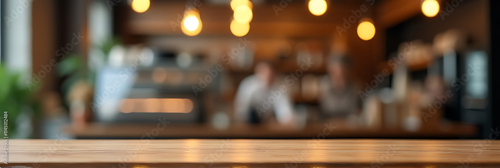 Poster a wood table top sits atop a blurred counter in a cafe shop with a single light bulb as a background