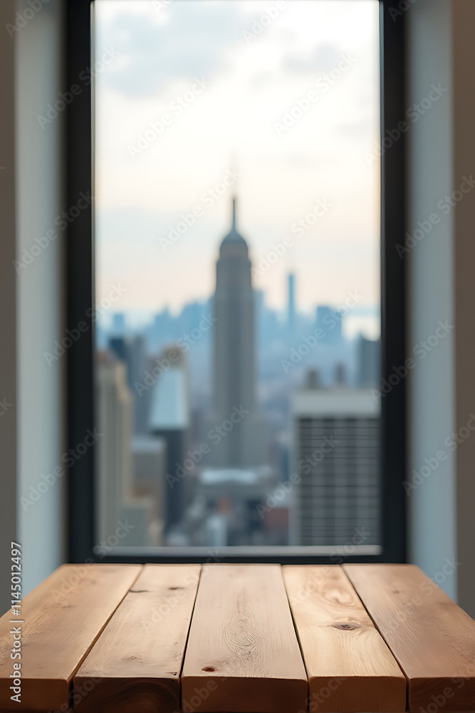 Poster a wood table top sits in front of a blurred cityscape view through a window on a wall background._00