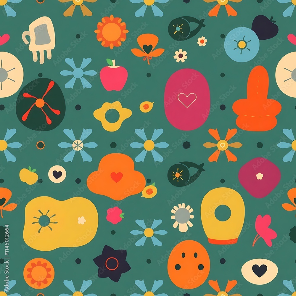 Poster joyful retro pattern: a vibrant and playful seamless pattern featuring a mix of retro-style flowers,