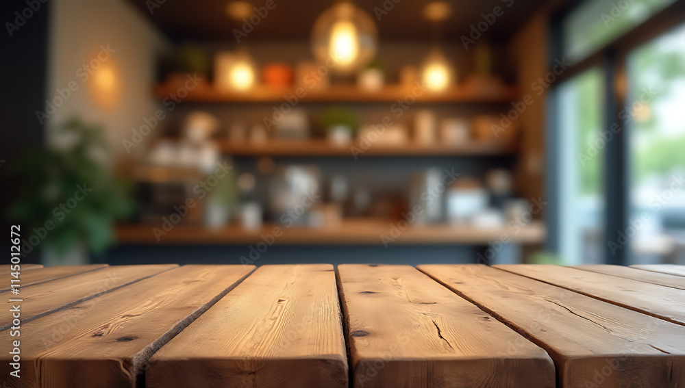 Poster a wood table top is shown in a blurred background of a cafe shop with a light bulb above it._00003_