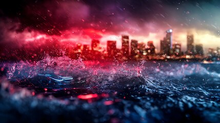 stormy sea with futuristic city lights reflecting on water, creating dramatic scene