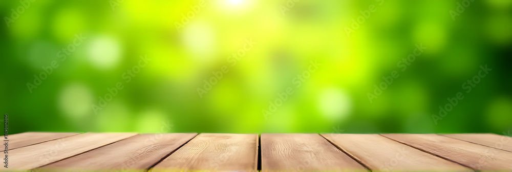 Poster a wood table top features a blurred, fresh green bokeh from a garden background for product display 
