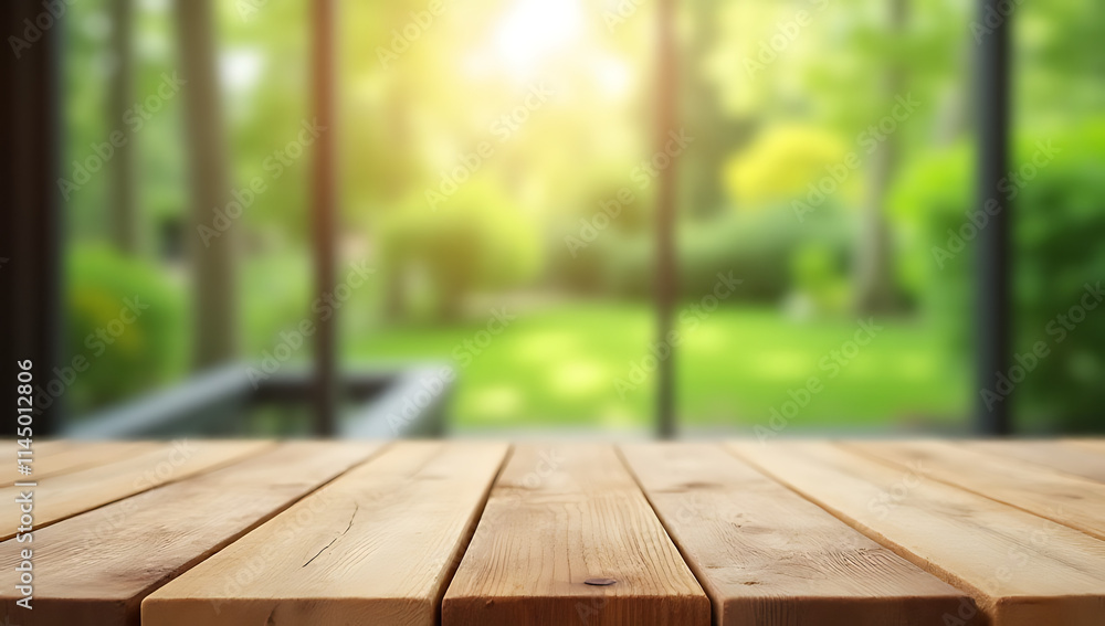 Poster A wood table top is in focus while a large window with a blurred garden and greenery creates a bokeh effect outside._00003_