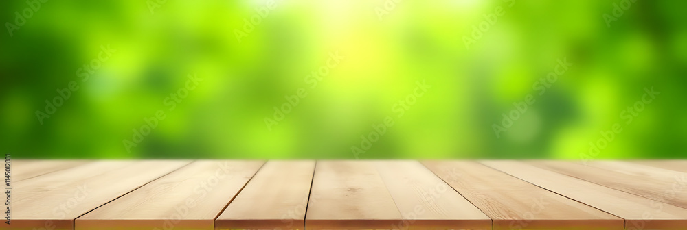 Poster a wood table top features a blurred, fresh green bokeh from a garden background for product display 