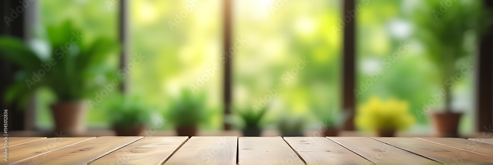 Poster A wood table top blends with a blurry view of greenery through adjacent window panes and an abstract garden background._00003_