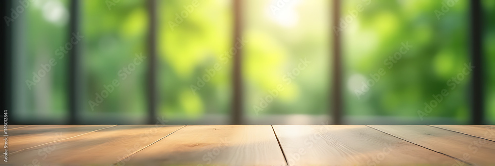 Aufkleber A wood table top blends with a blurry view of greenery through adjacent window panes and an abstract garden background._00002_