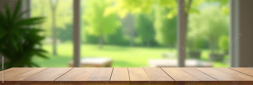 Poster A wood table top blends with a blurry view of greenery through adjacent window panes and an abstract garden background._00001_