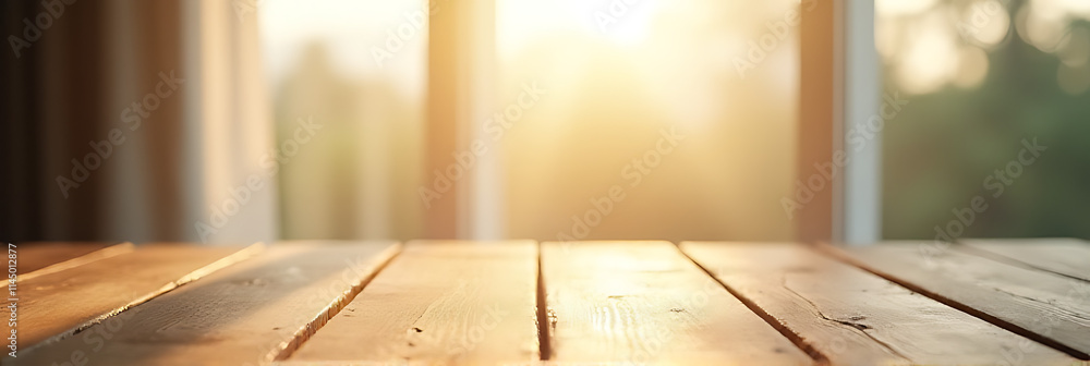 Aufkleber A wood table stands out against a blurry morning background with a curtain in the background and a window nearby._00002_