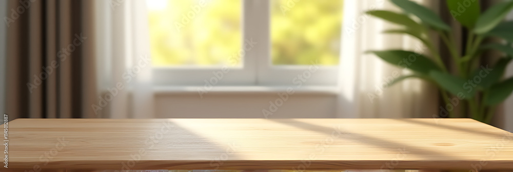 Aufkleber a wood table stands out against a blurry morning background with a curtain in the background and a w