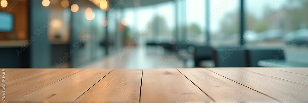 Poster A wood table is centered on a blurred glass wall background, creating an abstract and selective focus effect._00003_