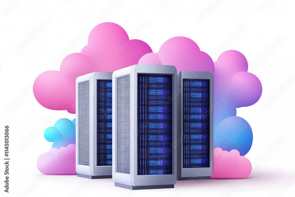 Poster modern data servers surrounded by colorful cloud-like formations in a digital concept