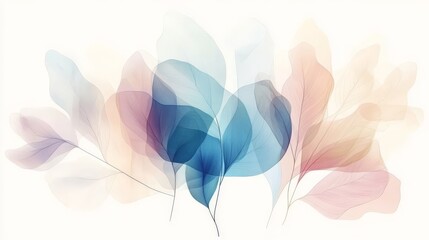 Minimalistic soft composition of pastel colored translucent leaves in an ethereal and abstract arrangement, emphasizing serenity, lightness, and natural elegance in digital artwork