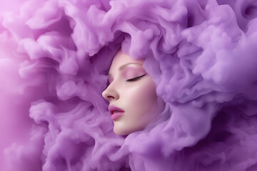 Beautiful woman with elegant makeup surrounded by purple smoke