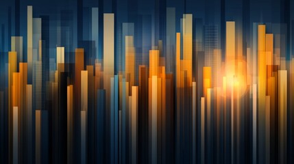 Dynamic futuristic cityscape featuring a skyline of glowing golden skyscrapers against a dark background, symbolizing urban technology, innovation, and architectural brilliance