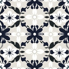 Elegant Floral Tile Pattern: A sophisticated seamless design featuring dark navy and white stylized flowers on a light beige background. Perfect for textiles, wallpapers, and surface design. 