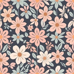Obraz premium Floral Delight: A charming and delicate seamless pattern featuring an array of soft pink, white, and blue floral motifs set against a rich navy blue background.