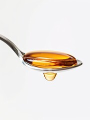 Liquid medicine on spoon isolated on white background close-up view
