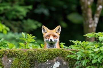 Red Fox Peering Through Green Bushes