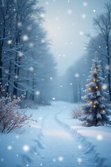 Fototapeta premium A winter scene features a Christmas backdrop with gently falling snowflakes and a serene landscape._00001_