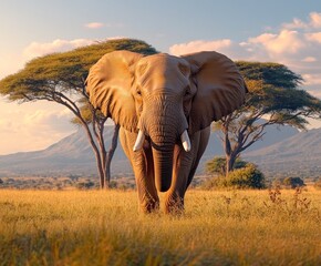 Fototapeta premium Elephant Portrait with Wrinkles and Polished Tusks
