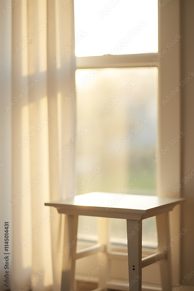 Poster a white wooden table sits atop a blurred windowpane surrounded by a curtain in the warm glow of morn