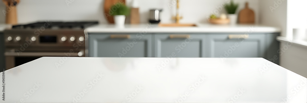 Poster A white tabletop is sharply in focus while the rest of the kitchen counter remains blurred and out of focus._00001_