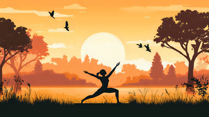 A woman practicing yoga in a warrior pose by a tranquil lake at sunrise