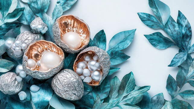 A hyper-realistic cut-out style image of pearlescent silver and rose-gold nuts with a glowing soft interior, surrounded by lush fantasy-inspired foliage in shades of cyan and mint. Ultra clean white b - Powered by Adobe