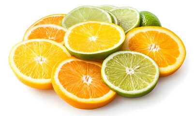 Fototapeta premium Sliced oranges and limes arranged on white.
