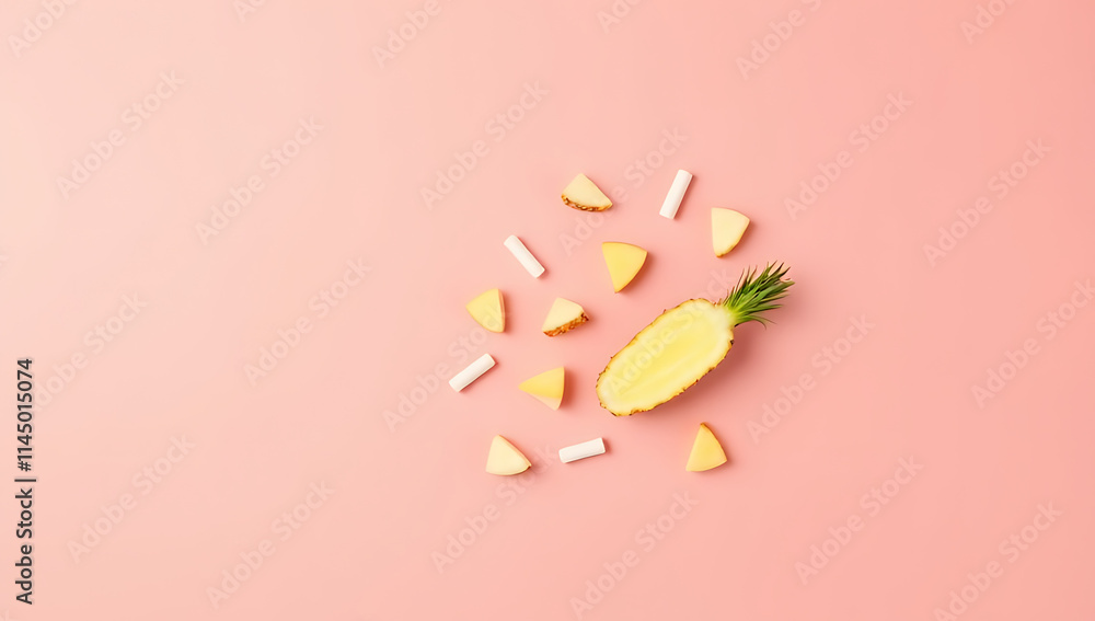 Poster a vibrant pineapple and orange mixture on a soft pink pastel background creates a refreshing and vis