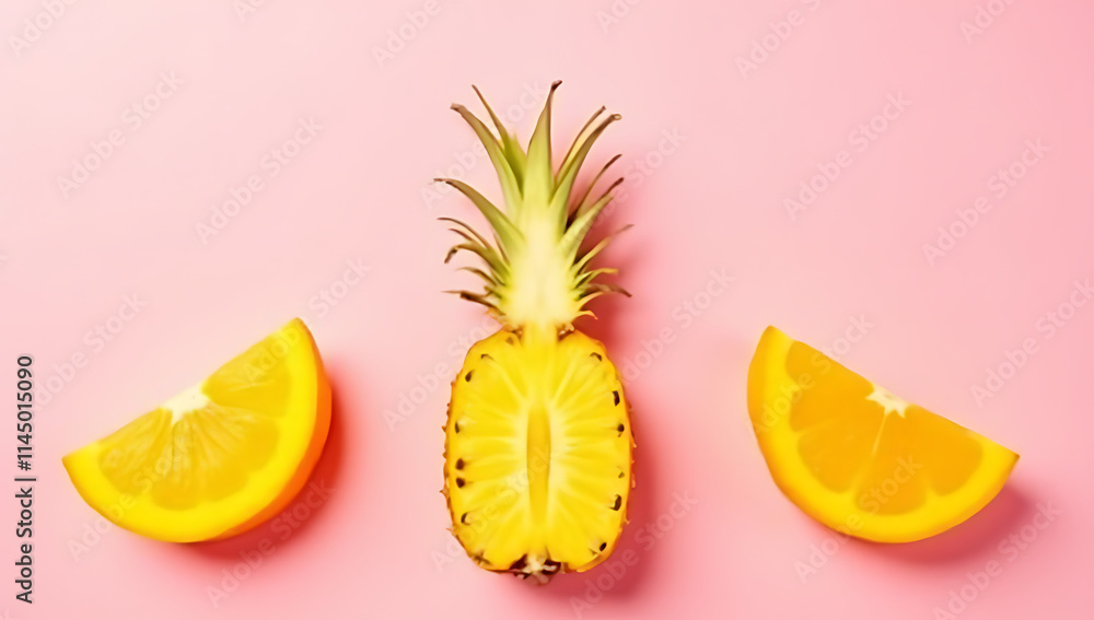 Poster a vibrant pineapple and orange mixture on a soft pink pastel background creates a refreshing and vis