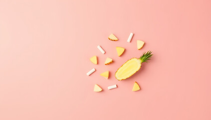 A vibrant pineapple and orange mixture on a soft pink pastel background creates a refreshing and visually appealing combination._00002_