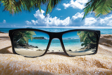 Sonnenbrille im Sand, reflektiert eine tropische Strandkulisse


