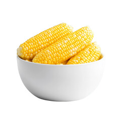 Steamed sweet corn cobs in a white bowl isolated on white background maize healthy food organic vegetable vegan diet ingredient delicious snack summer crop fresh produce agriculture golden yellow