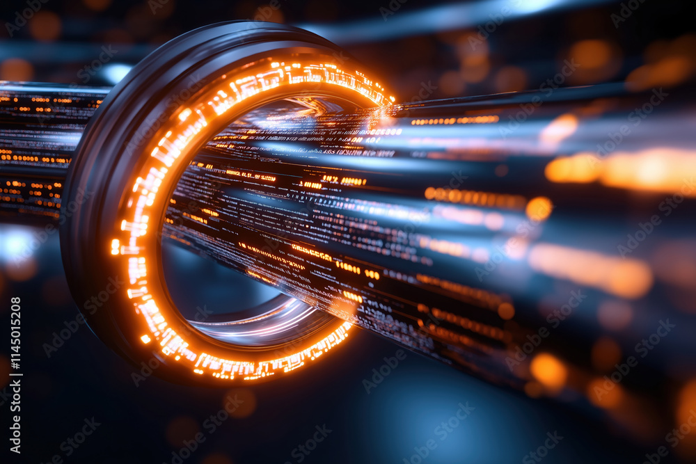 Poster digital data stream flowing through a glowing ring in a futuristic setting