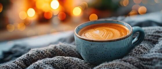 Suitable for ads for winter products with a hazy flame behind, a cosy coffee mug  on a warm blanket makes a soothing and soft surroundings, Generative AI.