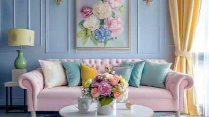 A stylish pastel-colored living room invites comfort.