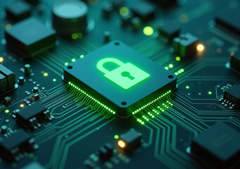 Fototapeta premium futuristic motherboard glows green padlock icon indicating strong cybersecurity measures