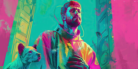 Stylized Portrait of Man and Dog in Vivid Color Palette