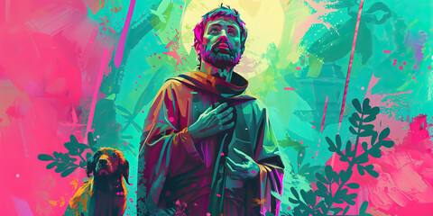 Fototapeta premium Digital Artwork: Stylized Religious Figure with Canine and Abstract Background