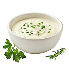 Creamy sauce dip dressing yogurt sour cream chives herbs parsley rosemary white background...