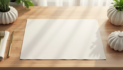 A transparent fabric placemat sits atop a wooden tabletop in this realistic digital mockup of home decor._00003_