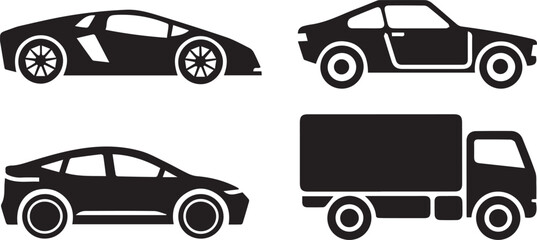 A detailed flat color vector silhouette illustration of a car's front and side views, perfect for design and automotive projects.

